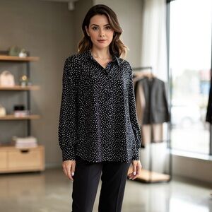 Ann Taylor Black White Polka Dot V-Neck Blouse Size 8 Work Office Classic